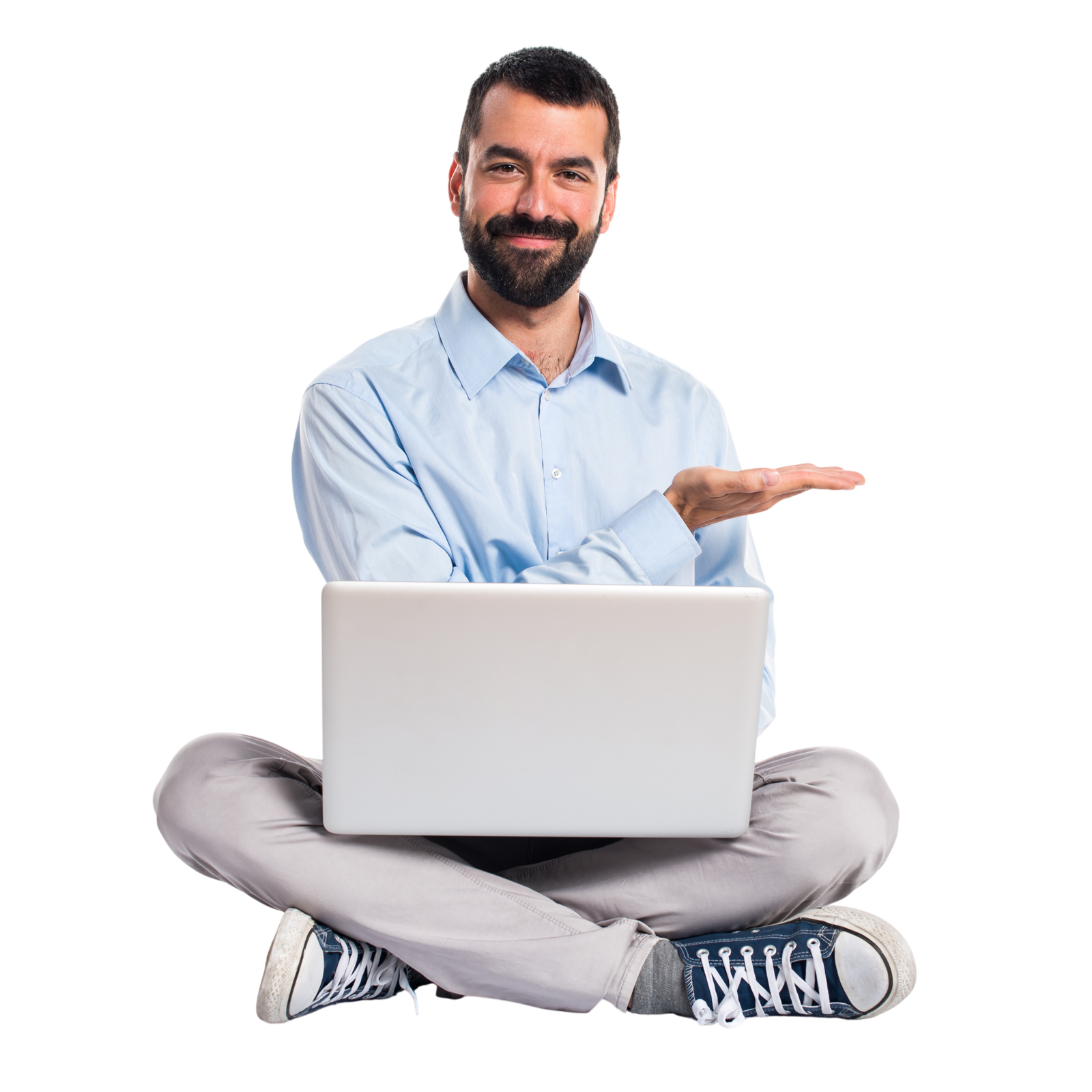 Man with laptop presenting something